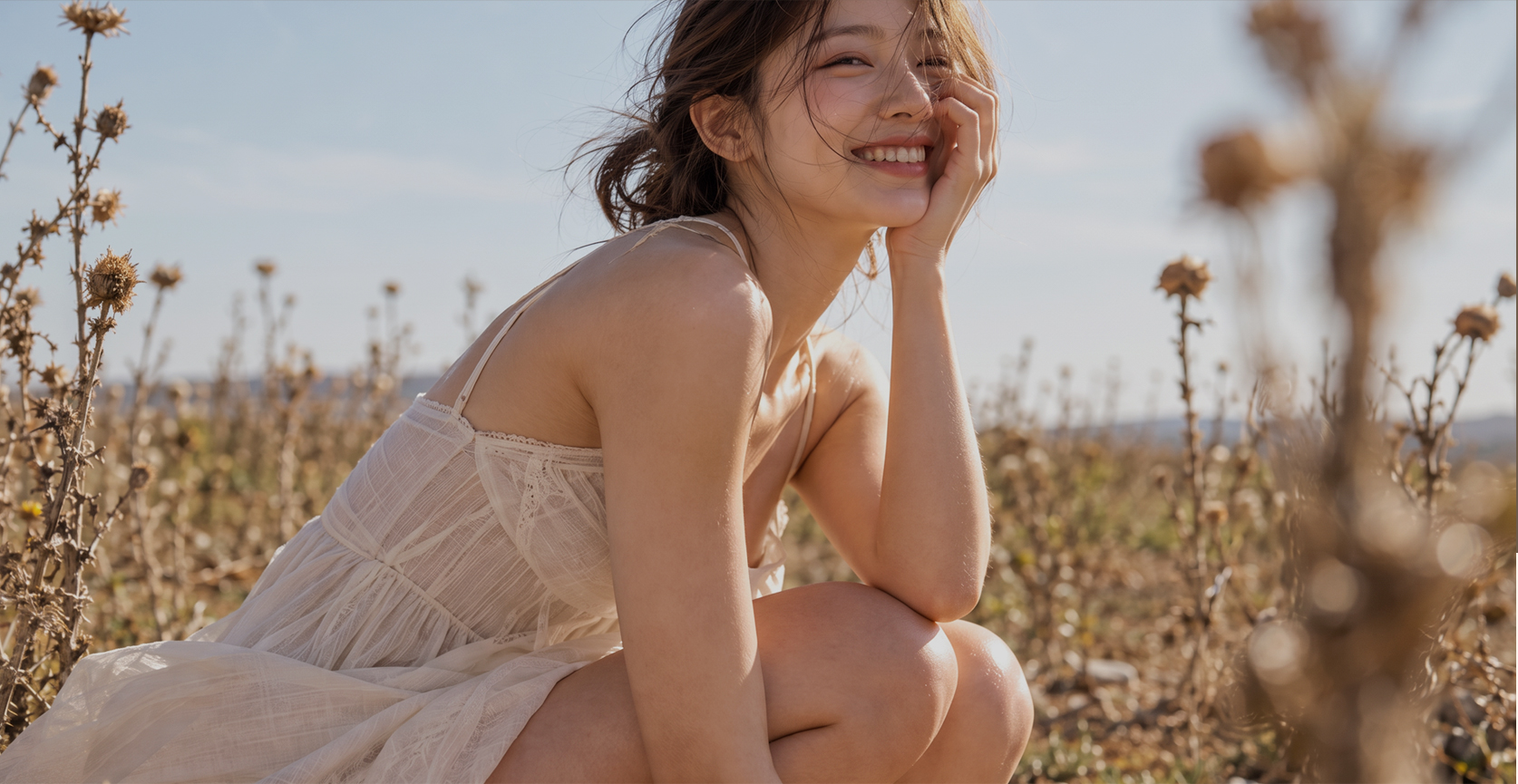 햇살이 비치는 들판에서 자연스럽게 웃는 여성